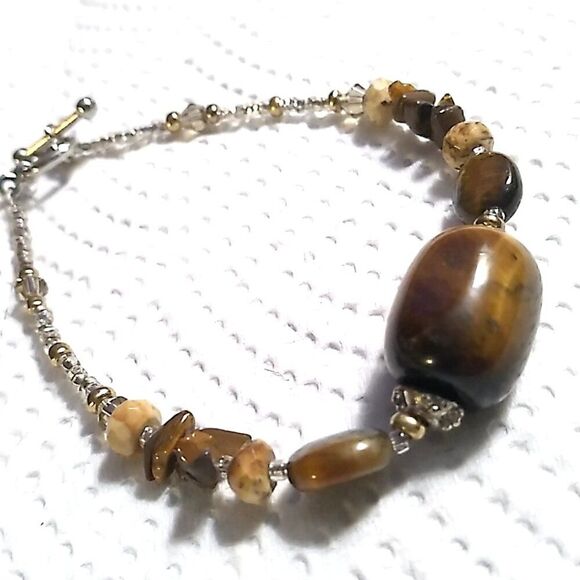 Tiger's Eye Barrel with Earth-tone Stone Chips & Crystal Bracelet - Picture 1 of 13
